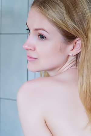 Alice May Dominates The Bathroom Mirror With A Green Leaf